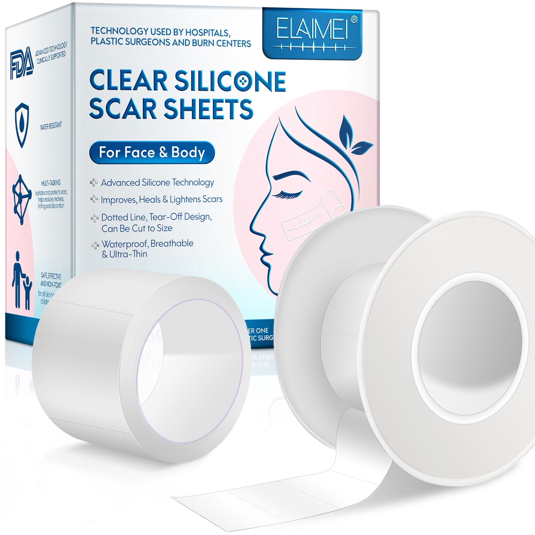 Zwei Rollen transparentes Silikonpflaster. Eine Packung mit Produktinformationen. Marke: ELAIMEI. Aufschrift: Clear Silicone Scar Sheets.