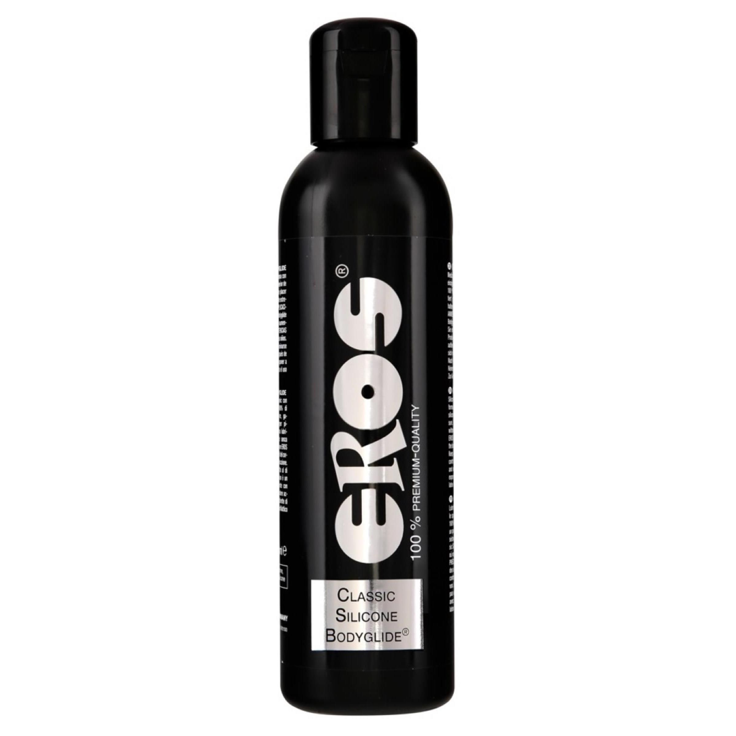 Schwarze Flasche mit schwarzem Deckel. Aufschrift: EROS, Classic Silicone Bodyglide, 100% Premium Quality.