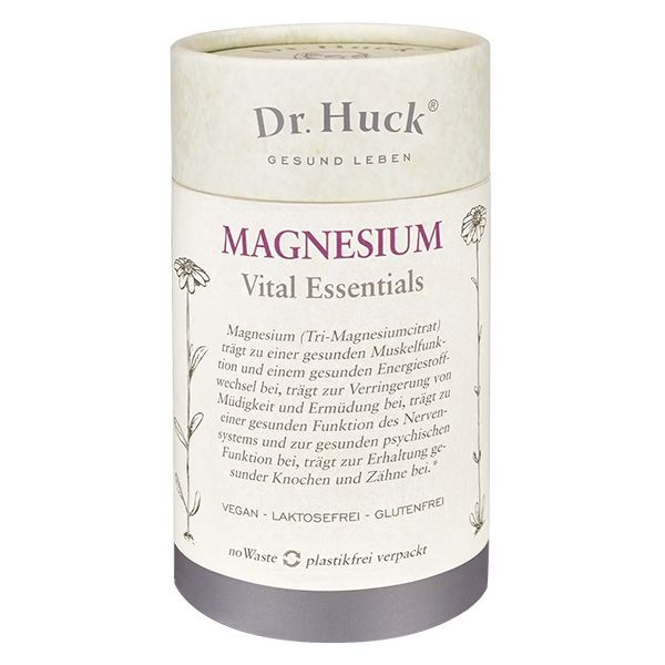 Zylindrische Pappdose mit "Dr. Huck Magnesium". Aufschrift: "Vital Essentials". Vegan, laktosefrei, glutenfrei.