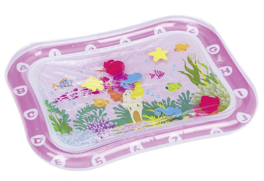 FILLIKID Spielmatte Wasser Ocean. Pinkfarbene Matte mit Unterwassermotiv. Figuren und Buchstaben am Rand.