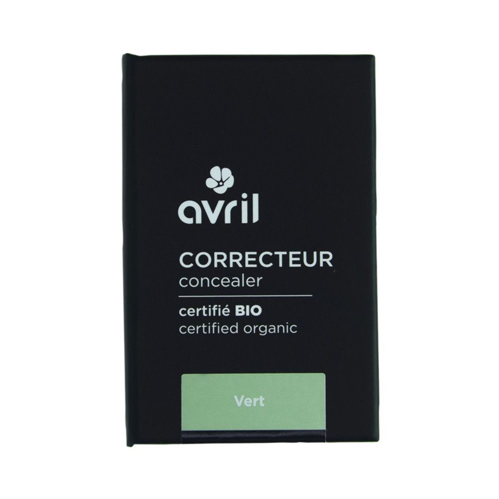 Schwarze Verpackung mit grünem Korrektor. Marke Avril, 'Correcteur' und 'certifié BIO'.