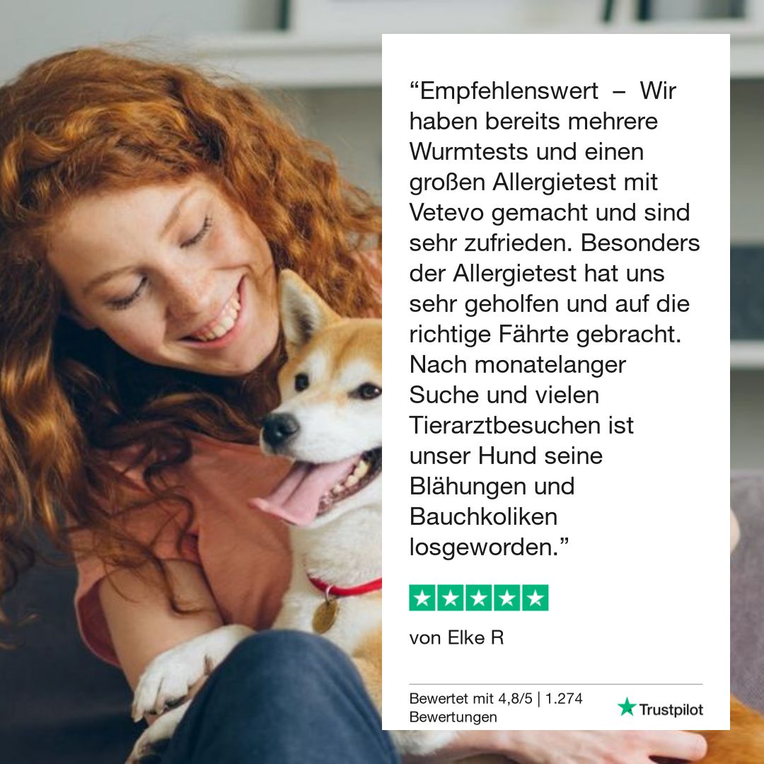 Frau mit rotem Haar umarmt einen Hund. Im Hintergrund ein Testimonial.