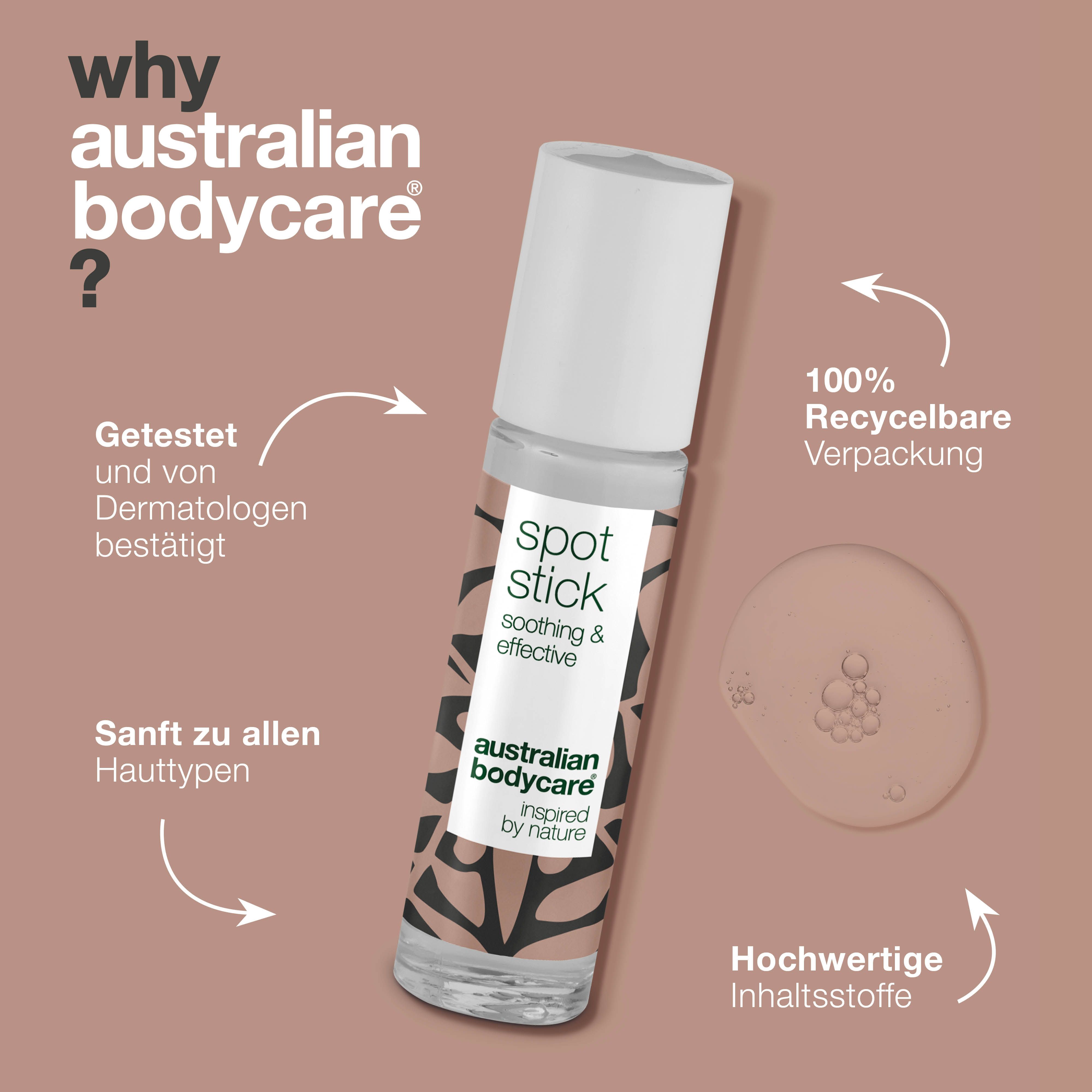 Spot Stick mit weißer Kappe. Text: Getestet und von Dermatologen bestätigt. Sanft zu allen Hauttypen. 100% recycelbare Verpackung.