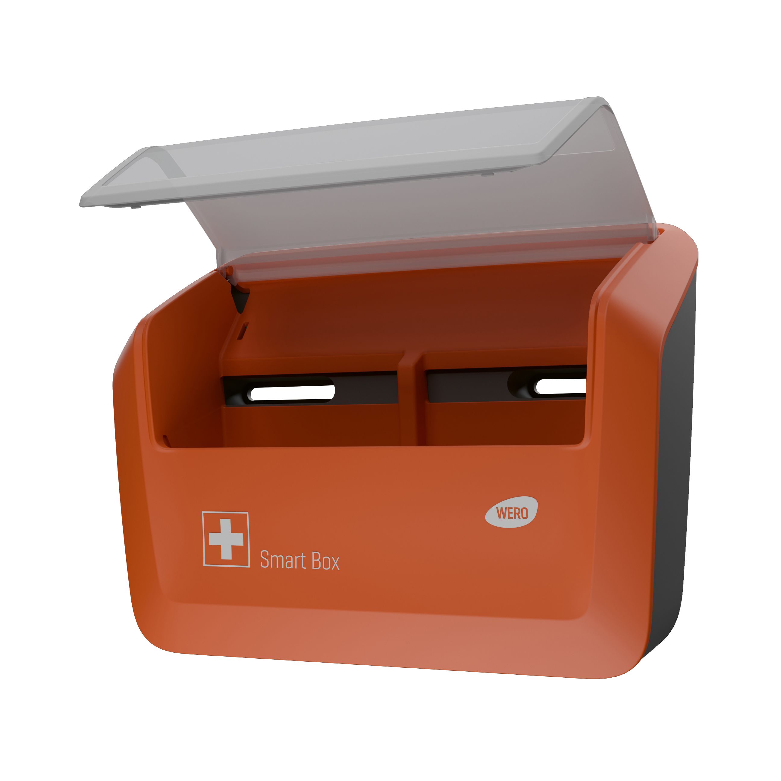 Orange WERO Smart Box® mit geöffnetem, transparentem Deckel. Weißes Kreuz-Symbol. Zwei Fächer. Logo WERO.