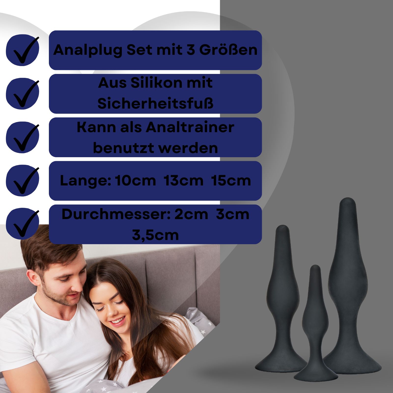 Set aus drei schwarzen Analplugs. Größen: 10, 13, 15 cm. Durchmesser: 2, 3, 3,5 cm.