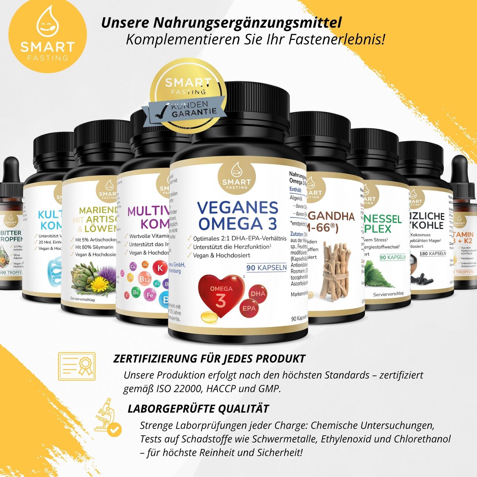 Reihe von Flaschen mit Nahrungsergänzungsmitteln. Braune Flasche mit veganem Omega 3. Text: 90 Kapseln. Zertifizierung.