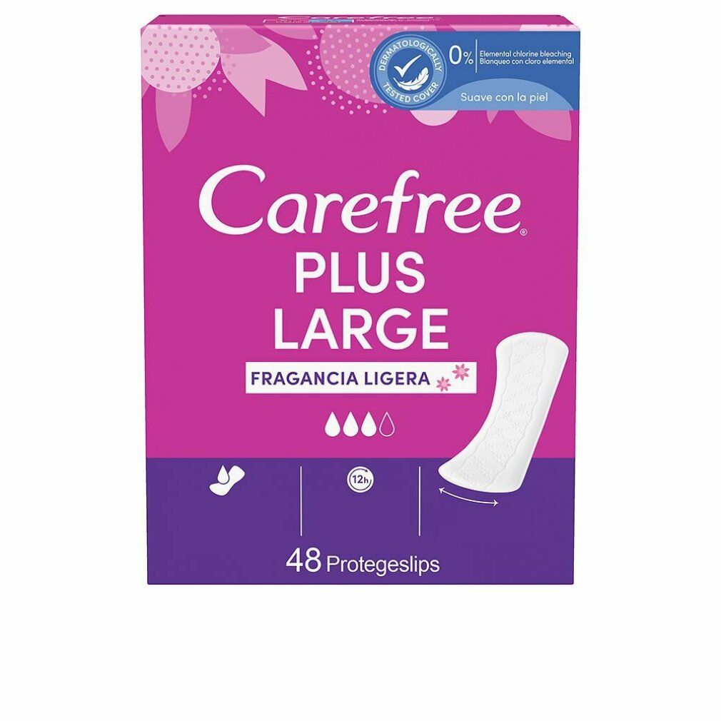 Verpackung mit Carefree Plus Large. Rosa-lila Schachtel mit Produktname und 48 Slipeinlagen. Weiße Slipeinlage abgebildet.