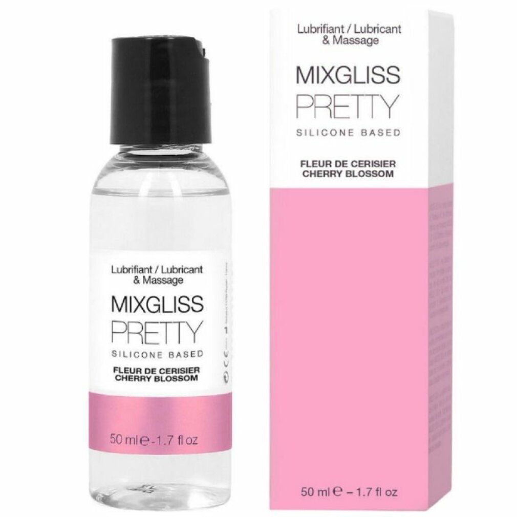 Transparente Flüssigkeit in einer Flasche mit schwarzem Verschluss. Daneben eine rosa-weiße Verpackung. Beschriftung: Pretty, Kirschblüte.