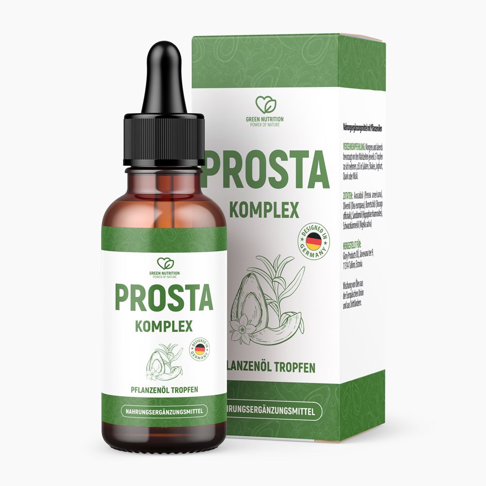 Braune Glasflasche mit Pipette und Karton. Aufschrift Prosta Komplex. Grün-weißes Design. Pflanzliche Tropfen. Mit Logo und Zertifizierung.