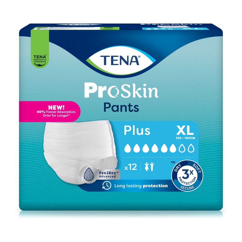 Verpackung mit TENA ProSkin Pants Plus XL. Weiße Inkontinenzhosen, 12 Stück. Trocken, weich und sicher. Mit FeelDry Advanced.
