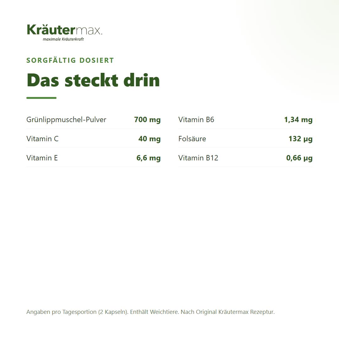 Auflistung der Inhaltsstoffe: Grünlippmuschel-Pulver 700 mg, Vitamine C, E, B6, Folsäure, B12.