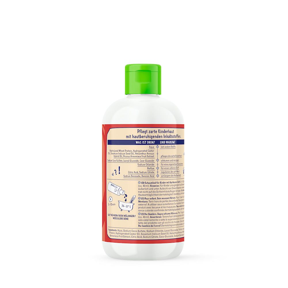 Rückseite einer weißen Flasche mit grünem Deckel. Etikett mit Inhaltsstoffen und Anwendungshinweisen. Text in Deutsch.