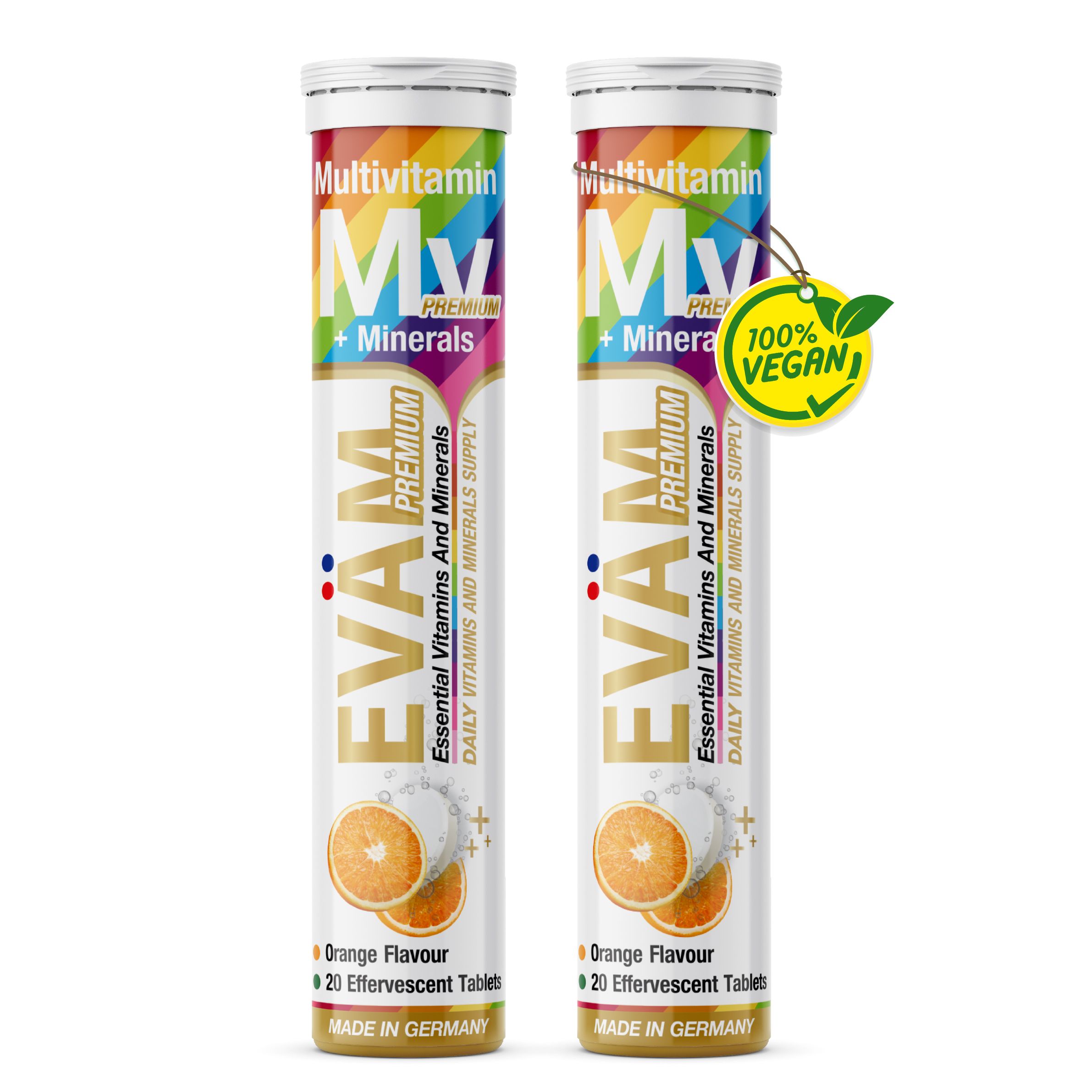Zwei Tuben EVÄM Multivitamin + Mineralien Brausetabletten. Aufschrift: Multivitamin + Mineralien, Premium, 20 Brausetabletten, vegan.