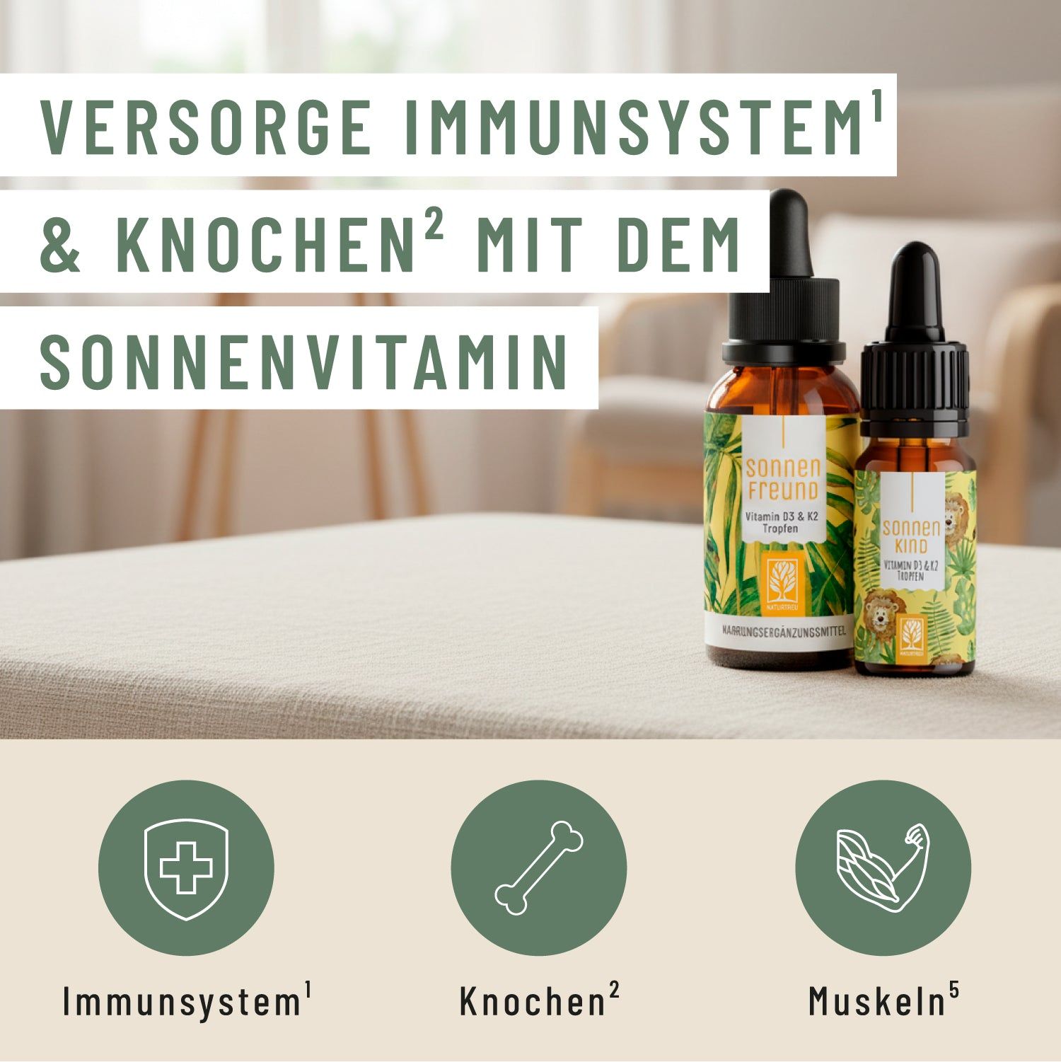 Zwei Flaschen Vitamin D3 & K2 Tropfen auf einem Tisch, mit Icons für Immunsystem, Knochen und Muskeln.