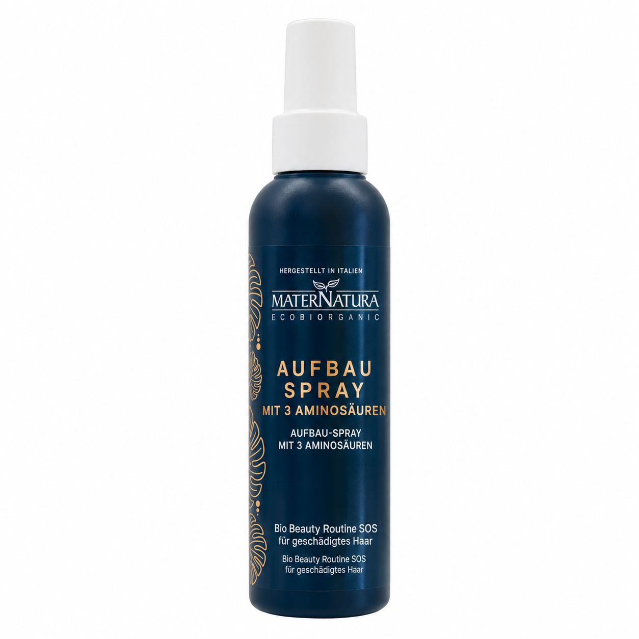 Dunkelblaue Flasche MaterNatura Aufbau Spray mit 3 Aminosäuren.