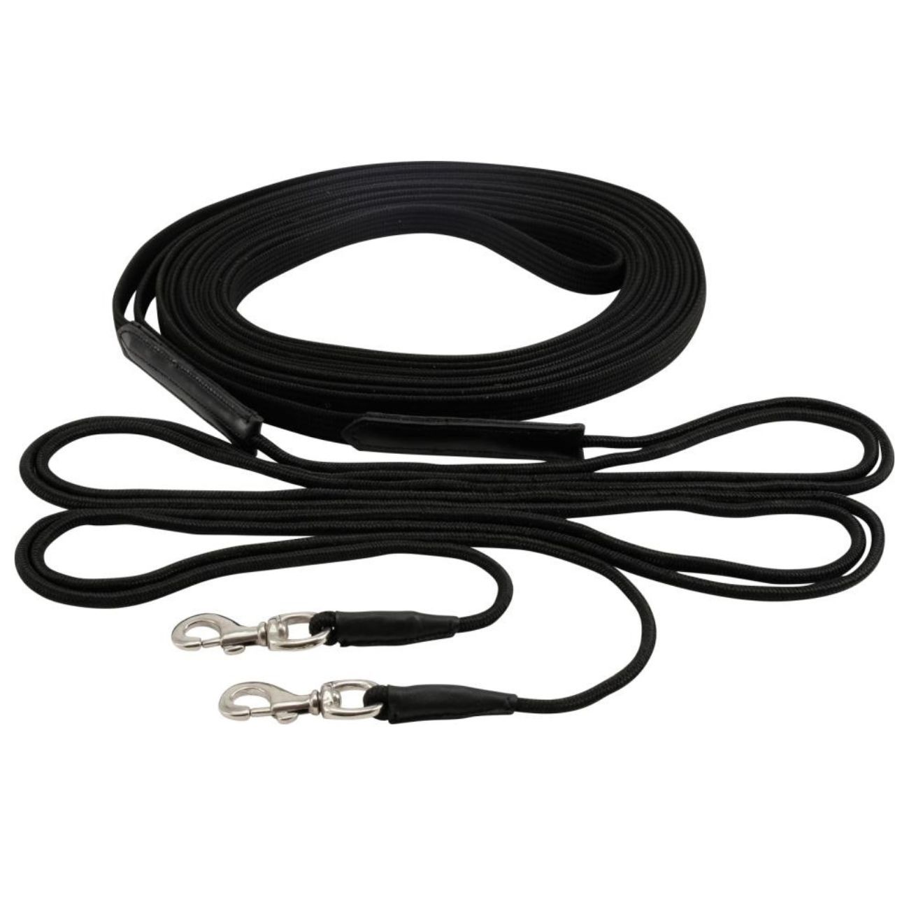 Schwarze Doppellonge. Runde Form, mit zwei Karabinerhaken. Lederverstärkungen an den Enden.