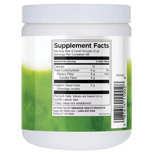 Weiße Dose, Rückseite. Aufschrift: Supplement Facts, Nährwertangaben, Psyllium Seed Husk (Plantago ovata), 5 g.