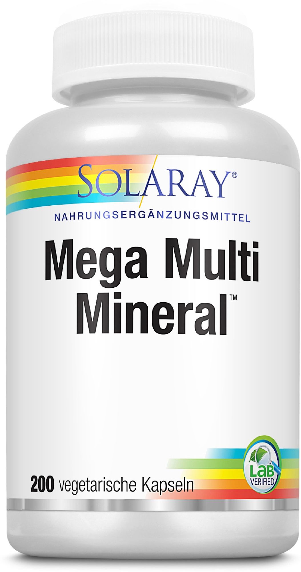 Solaray Mega Multi Mineral Flasche mit 200 vegetarischen Kapseln und Lab Verified Siegel.