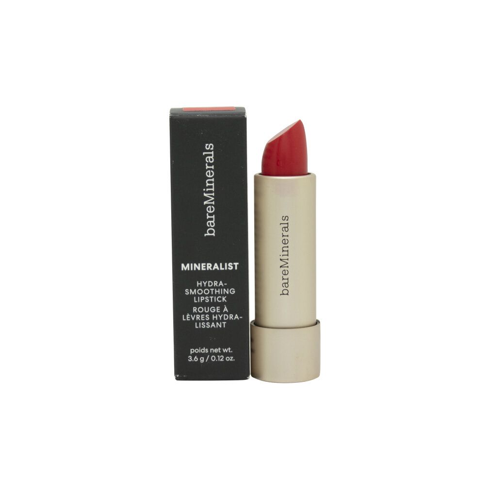 Roter Lippenstift neben schwarzer Verpackung. Marke: bareMinerals. Text: MINERALIST, HYDRA-SMOOTHING LIPSTICK.