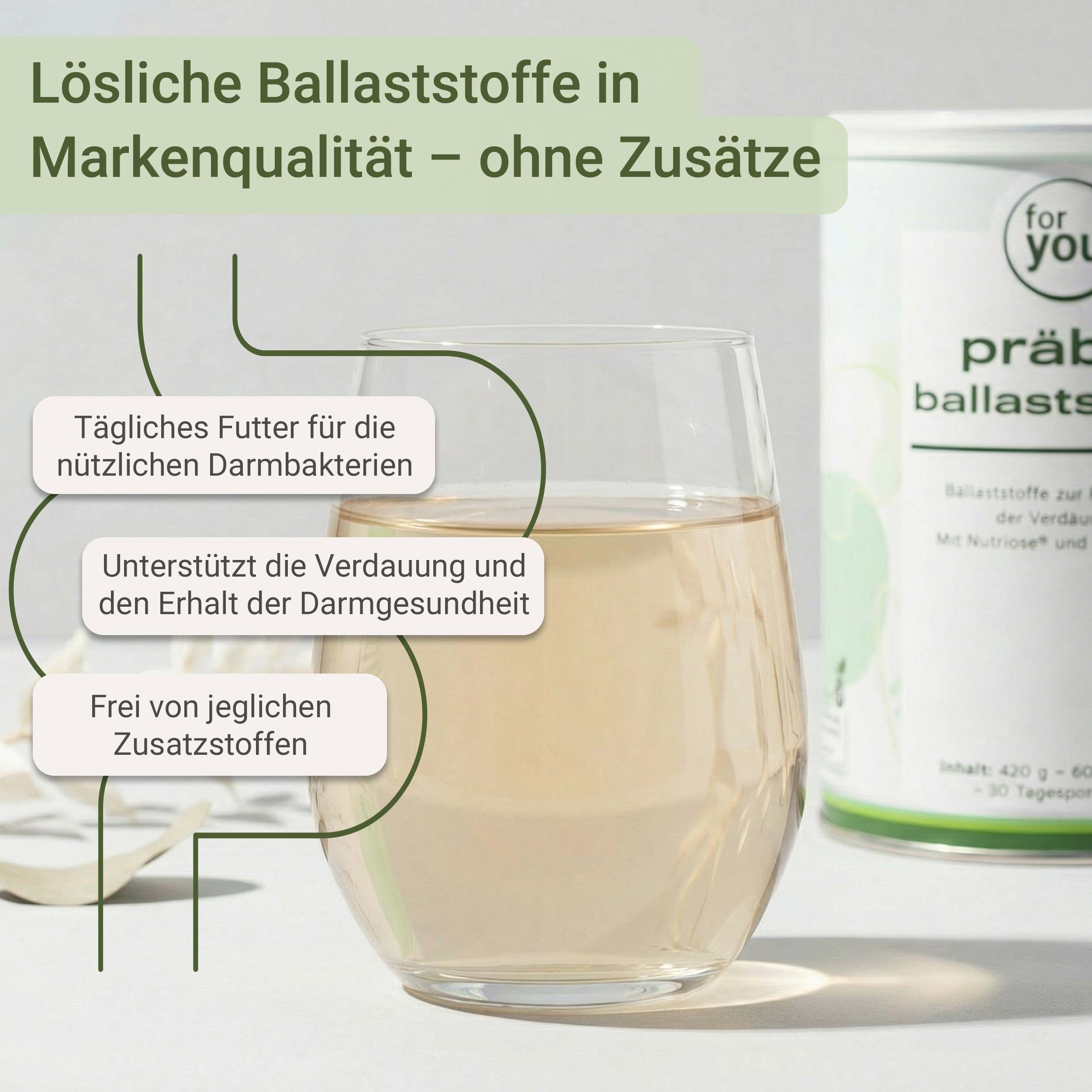 Dose Präbiotik-Ballaststoffe, mit Erklärungen zu Inhaltsstoffen und Wirkung.