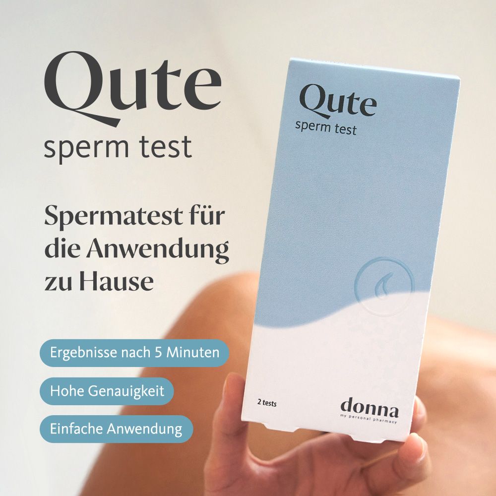 Qute Sperm Test-Verpackung. Aufschrift "Qute sperm test", "2 tests" und "Donna". Text: Spermatest für die Anwendung zu Hause. Ergebnisse nach 5 Minuten.