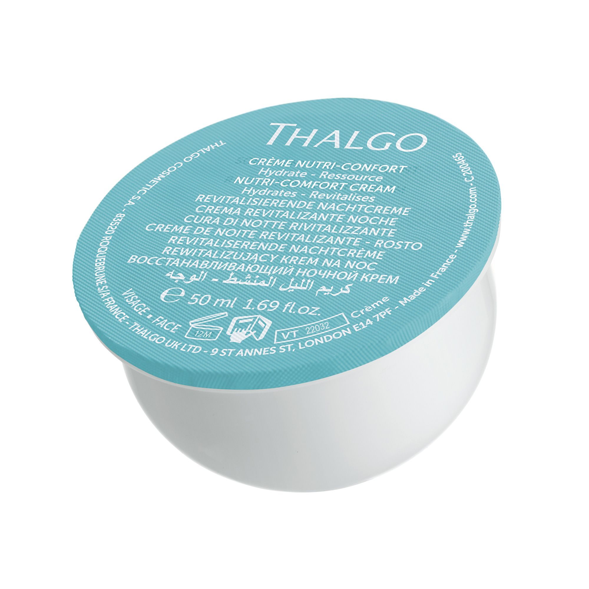 Behälter mit blauem Deckel. Aufschrift: THALGO, Nutri-Comfort Creme. Text in mehreren Sprachen. Unten: 50 ml, 1.69 fl oz.