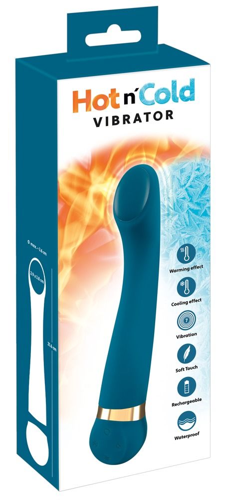 Verpackung des Vibrators. Produktname und Funktionen aufgedruckt. Blaues Design.