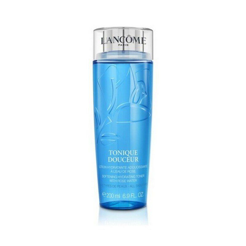 Blaues Gesichtswasser mit silbernem Deckel. Aufschrift: TONIQUE DOUCEUR, LANCÔME. Flasche mit floralem Muster. 200 ml.