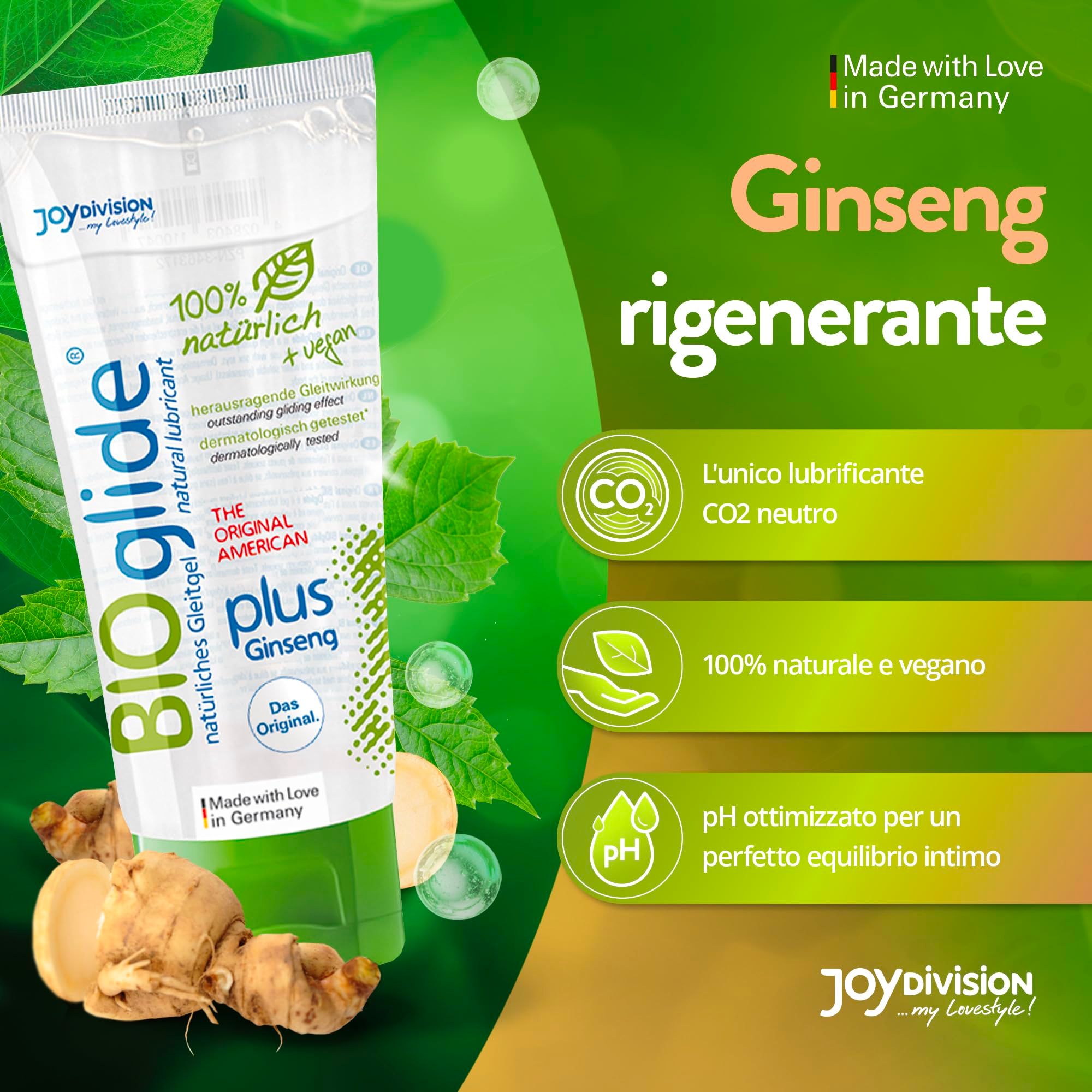 Tube Joydivision BIOglide plus Ginseng Gleitgel. "Made with Love in Germany". CO2-neutral, 100% natürlich + vegan.