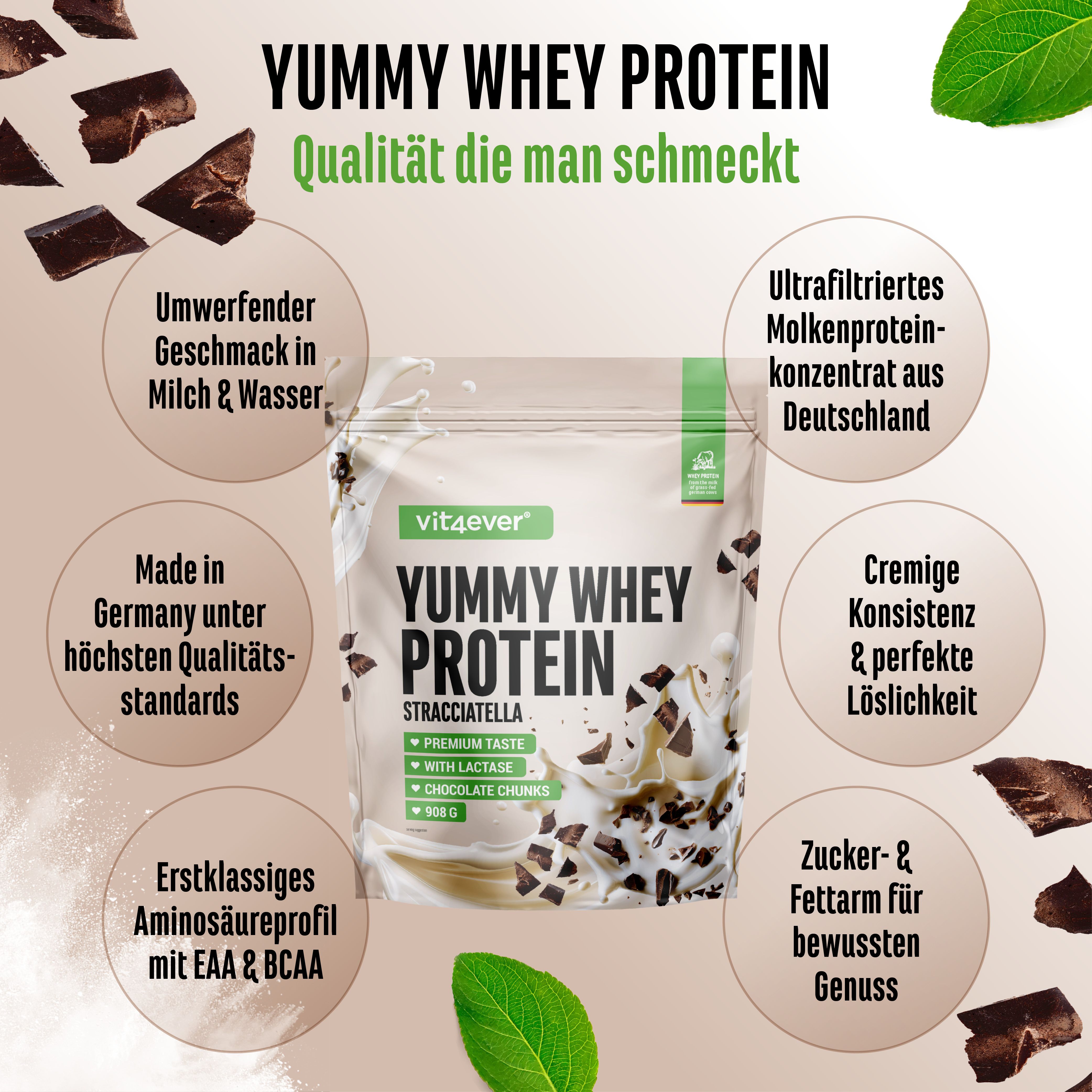 Yummy Whey Protein, Stracciatella-Geschmack. Verpackung mit Informationen. Enthält Schokostückchen. Mit Premium Taste und Lactase.
