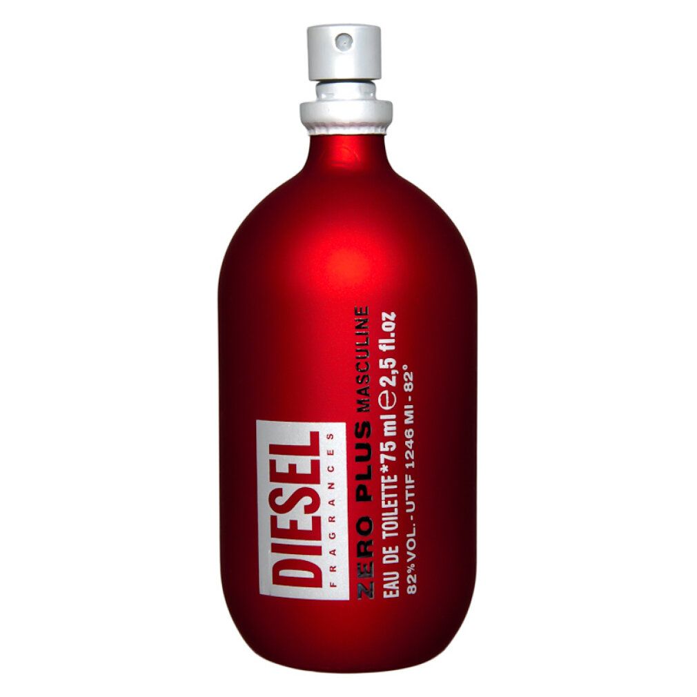 Rote Flasche mit silbernem Zerstäuber. Aufschrift: DIESEL, ZERO PLUS MASCULINE, Eau de Toilette.