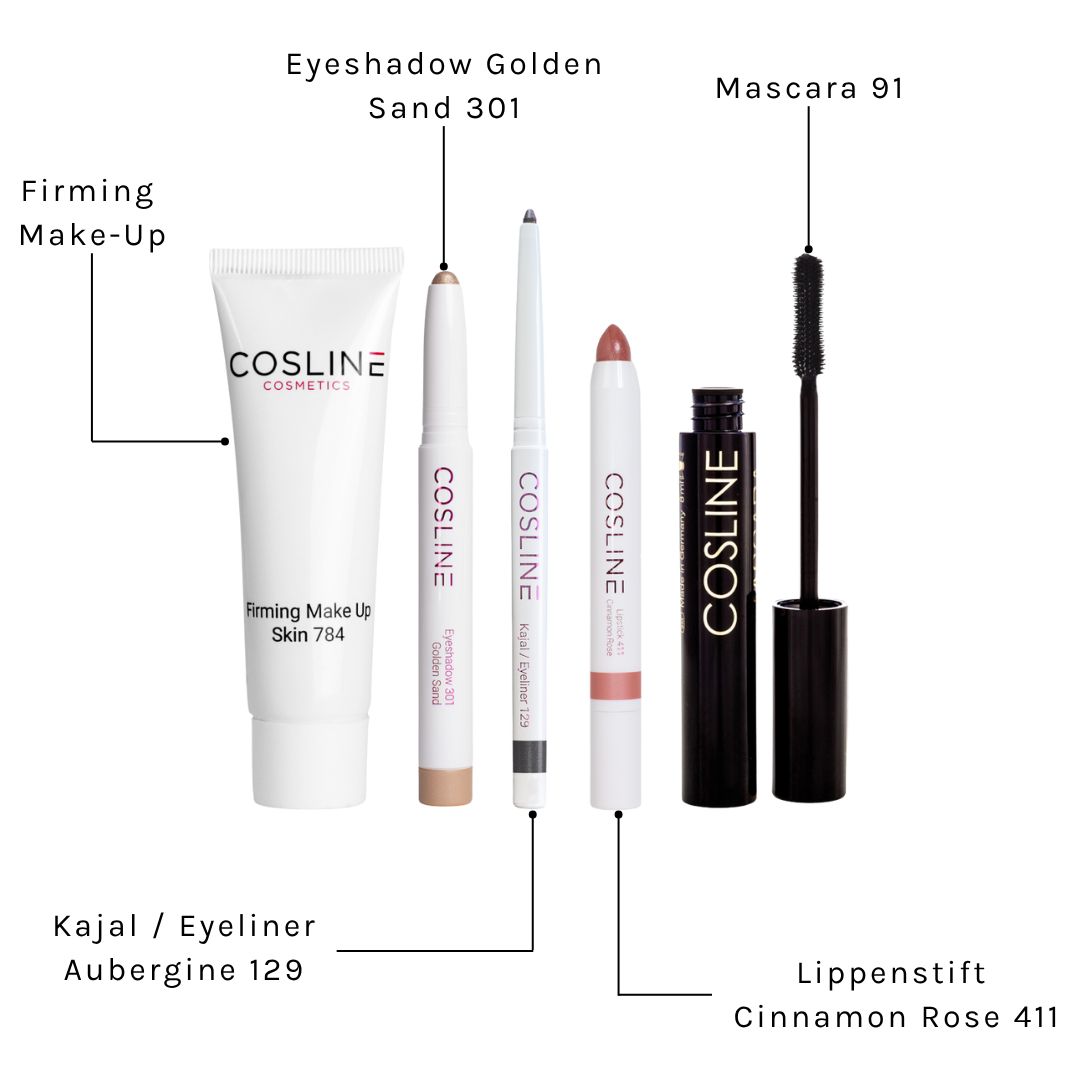 Kosmetikprodukte mit Beschriftung. Enthalten: Tube, Lidschatten, Kajal, Lippenstift und Mascara. Alle Produkte sind beschriftet.