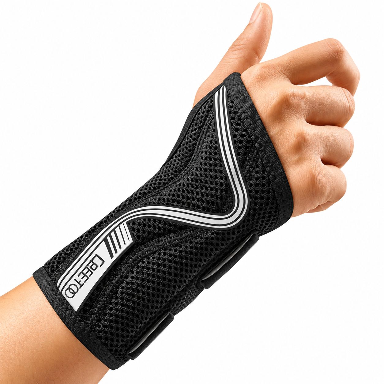 Schwarze Handgelenkbandage mit weißem Logo "BEETO" und Streifen.