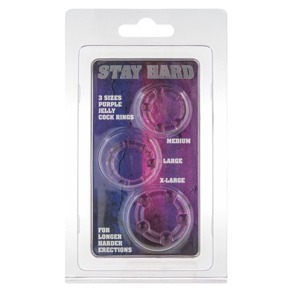 Verpackung mit drei lila Penisringen. Text: STAY HARD, 3 Größen, Jelly, Cock Rings. Für längere, härtere Erektionen.