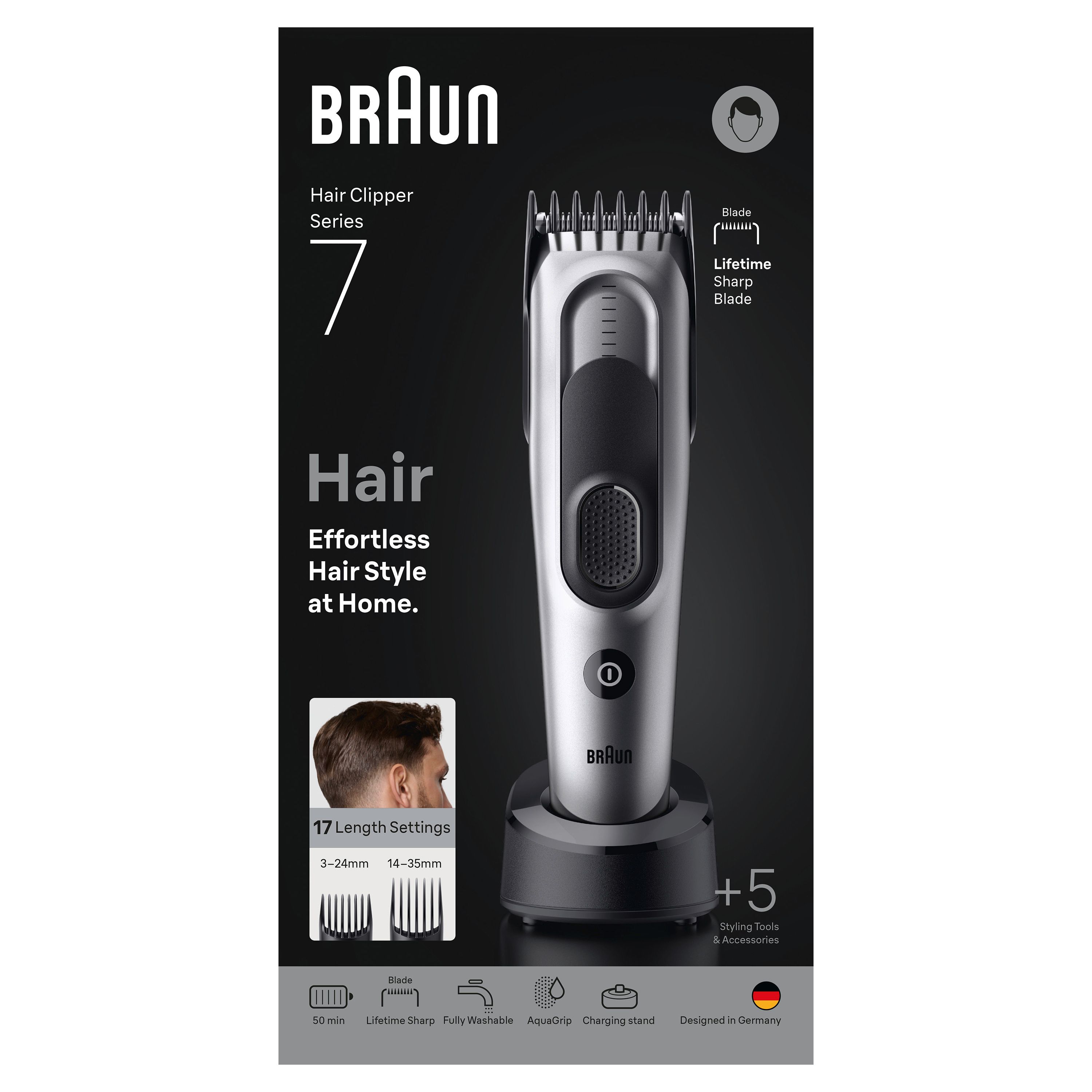 Braun Series 7 Haarschneider mit Verpackung, Ladestation, Aufsätzen und Beutel. Silber-schwarz. 17 Längeneinstellungen.