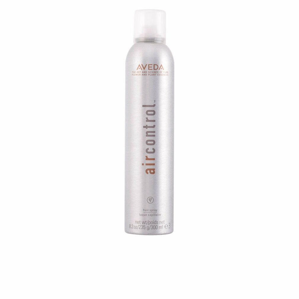 Silberne Haarspray-Dose mit weißem Deckel. Aufschrift: Aveda, air control. Text: hair spray, net wt. 8.2 oz/235 g/300 ml e.