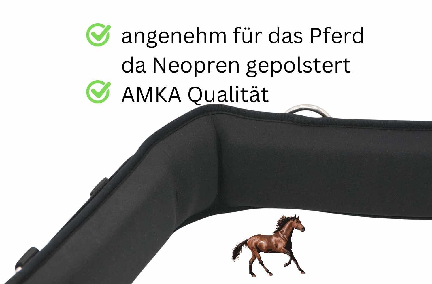 Schwarzer Longiergurt mit Neopren-Polsterung. Text: angenehm für das Pferd, da Neopren gepolstert, AMKA Qualität.