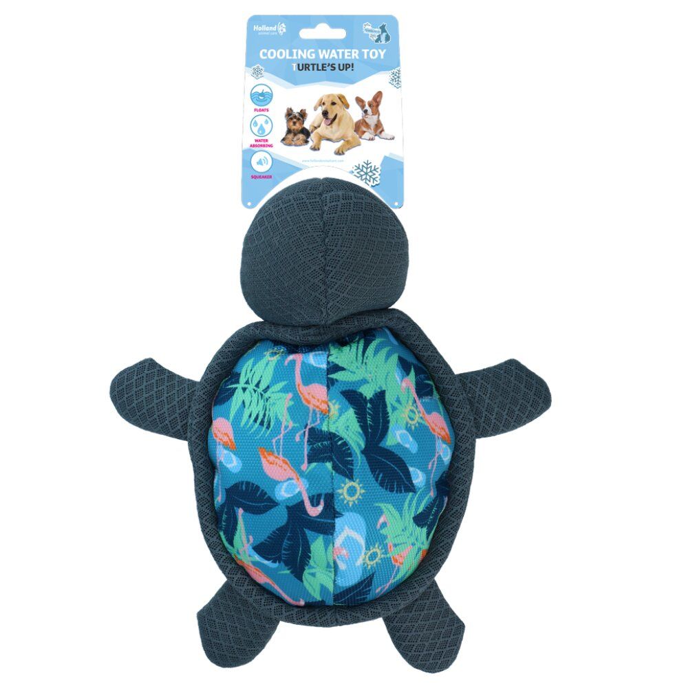 Kühltierspielzeug in Schildkrötenform. Graues Netzgewebe, farbiger Innenstoff mit Flamingo- und Blättermuster. Anhänger mit Produktname und Hundeabbildungen.