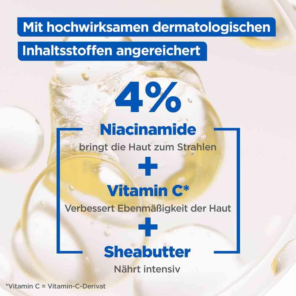 Grafik mit Inhaltsstoffen: 4% Niacinamide, Vitamin C und Sheabutter. Text: Bringt die Haut zum Strahlen, verbessert Ebenmäßigkeit, nährt intensiv.