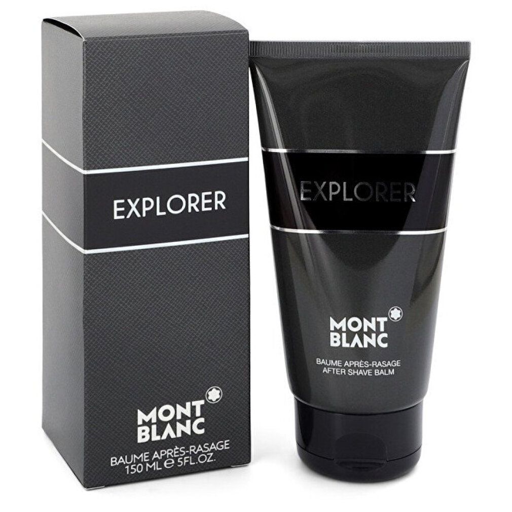 Schwarze Tube und Schachtel. Auf der Tube: EXPLORER, MONTBLANC, BAUME APRÈS-RASAGE, AFTER SHAVE BALM. Schachtel mit EXPLORER.