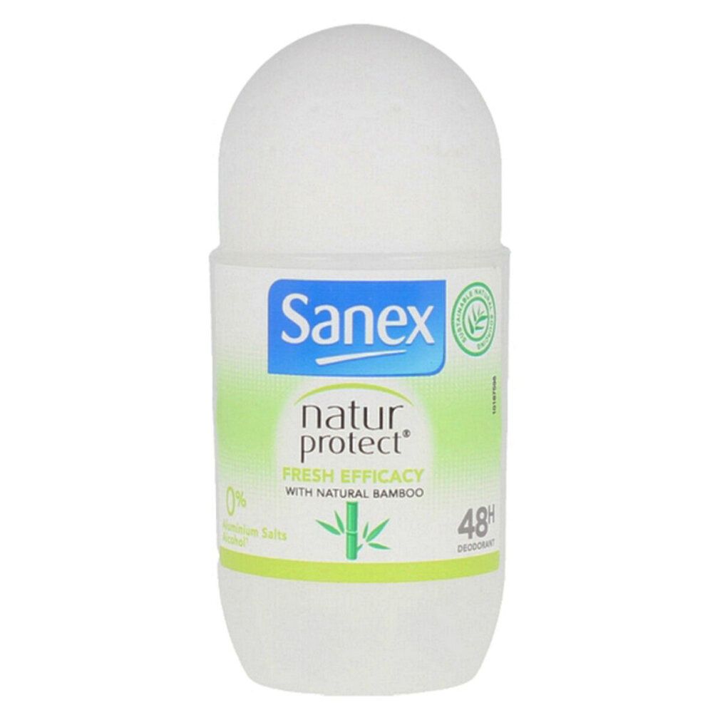 Sanex Natur Protect Roll-on-Deodorant. Weißes Gehäuse mit Roll-on-Kopf. Enthält Bambus. 48 Stunden Schutz. Ohne Aluminiumsalze.