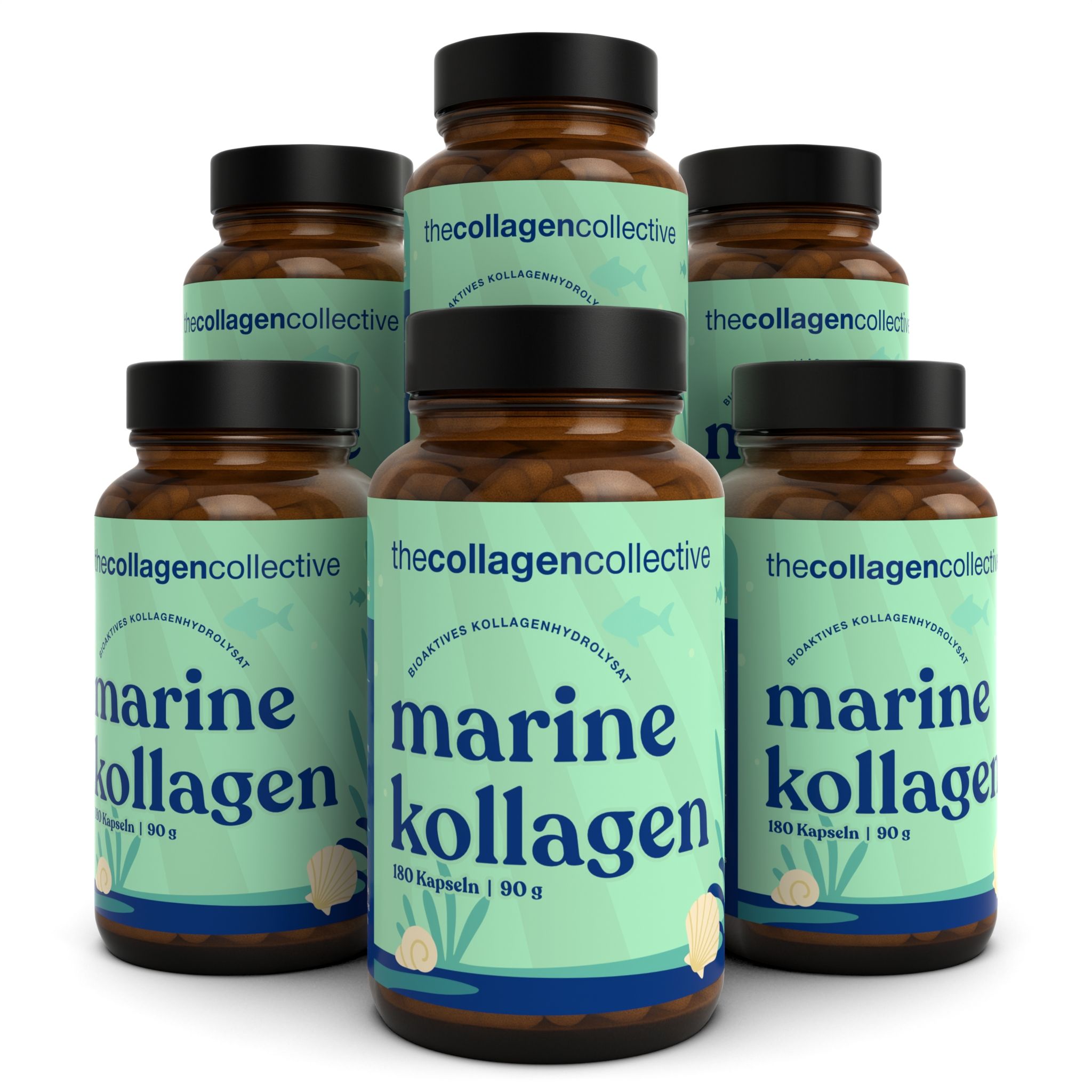 Sechs braune Glasflaschen mit schwarzen Deckeln. Aufschrift: Marine Kollagen, 180 Kapseln, 90 g. Marke: thecollagencollective.