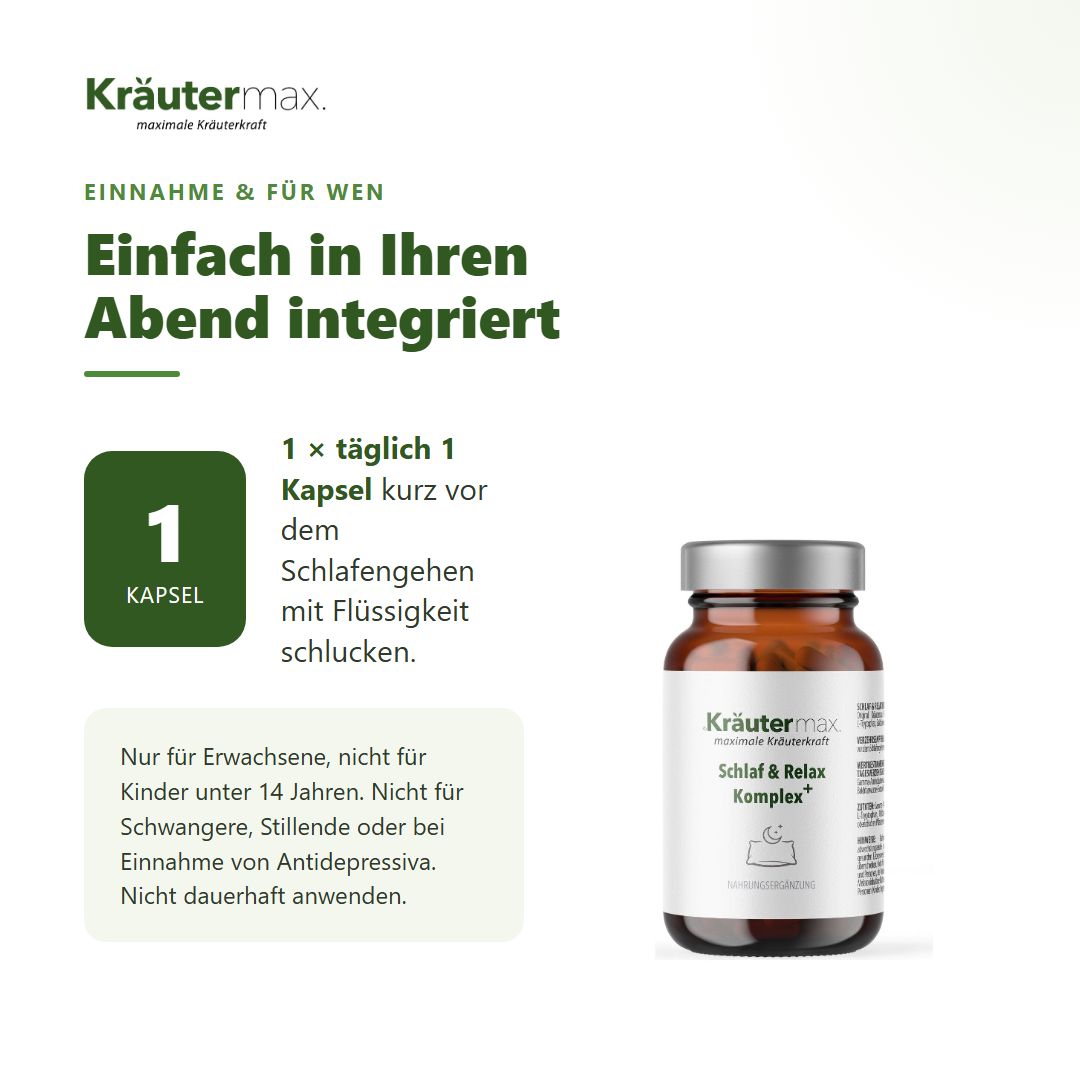 Anwendungshinweise und eine Flasche Kräutermax Schlaf & Relax Komplex.