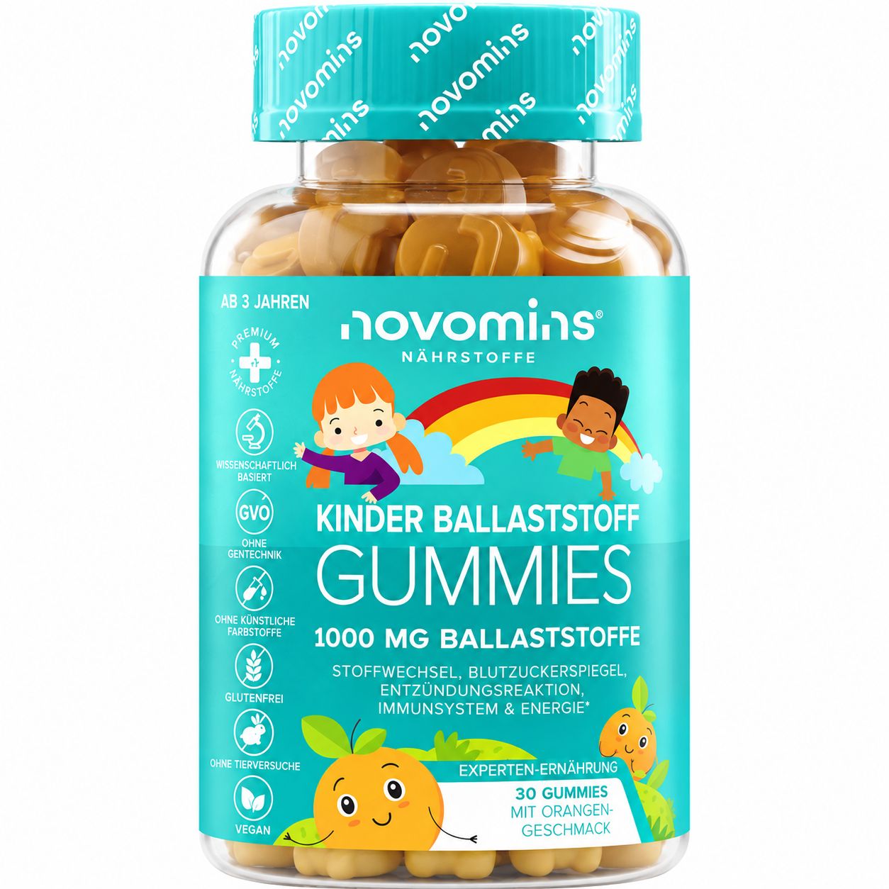 Novomins Kinder Ballaststoff Gummies, 30 Stück mit Orangengeschmack.
