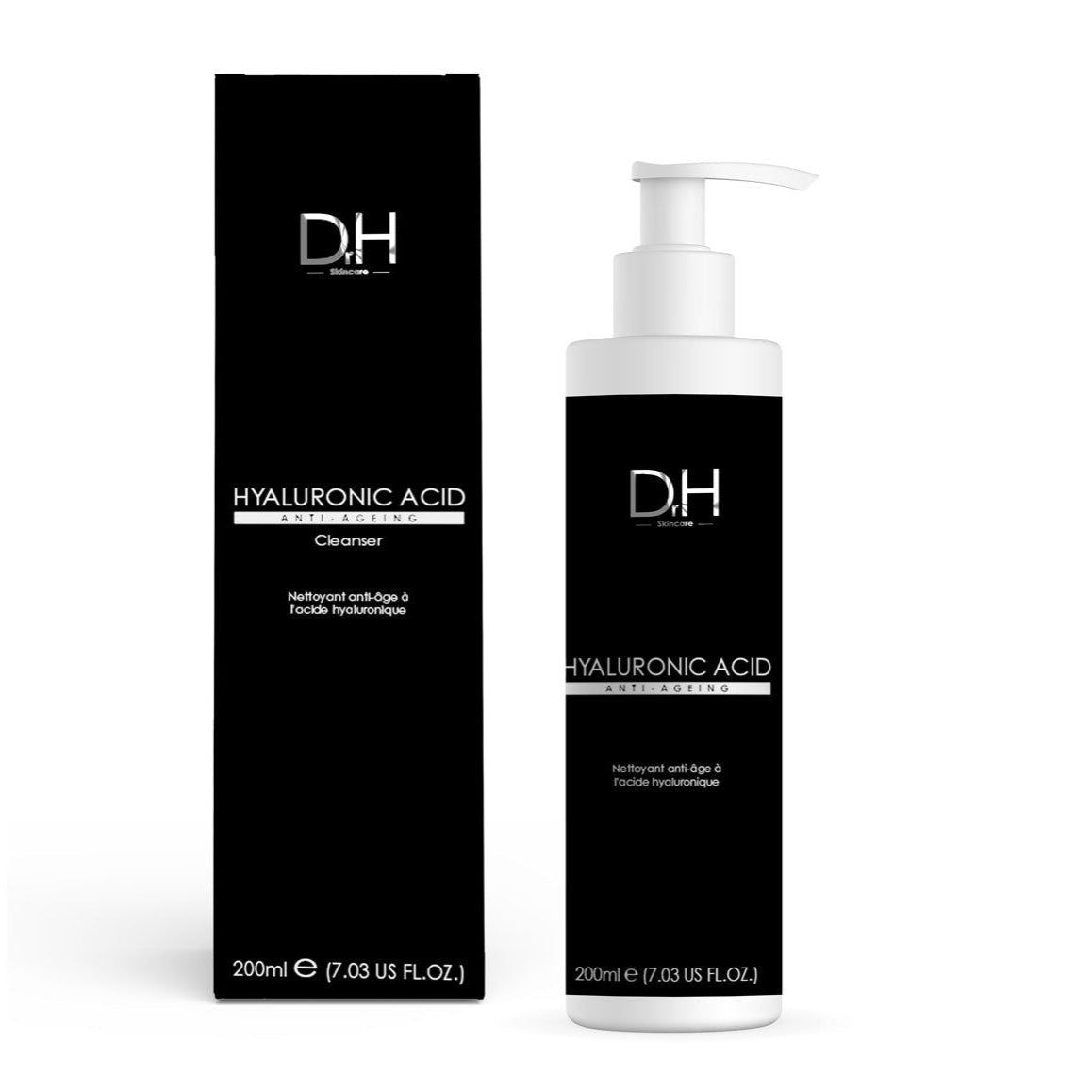 Produktflasche und Verpackung. Schwarze Verpackung mit weißer Schrift. Flasche mit Dosierpumpe. Aufschrift: HYALURONIC ACID, Anti-Aging.