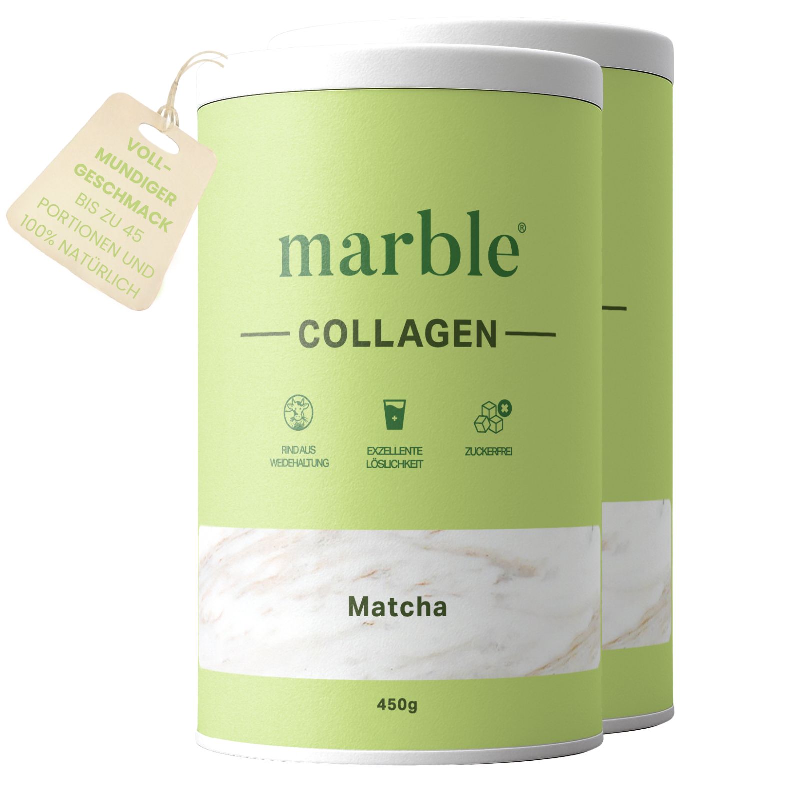 Zwei grüne Dosen "marble COLLAGEN Matcha". Anhänger: vollmundiger Geschmack, bis zu 45 Portionen, 100% natürlich.