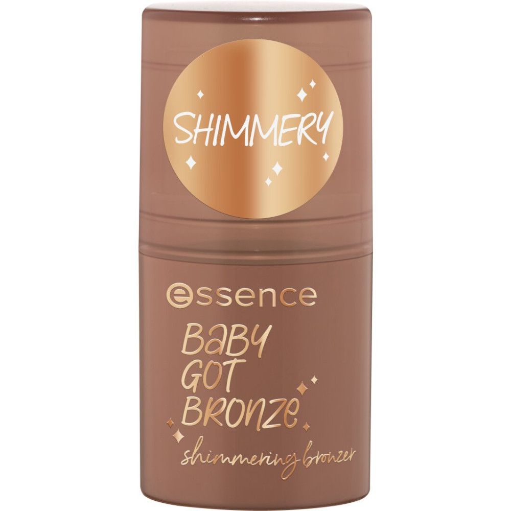 Bronzer-Stick mit Deckel. Auf dem Stick steht "essence Baby Got Bronze shimmering bronzer". Auf dem Deckel steht "SHIMMER".