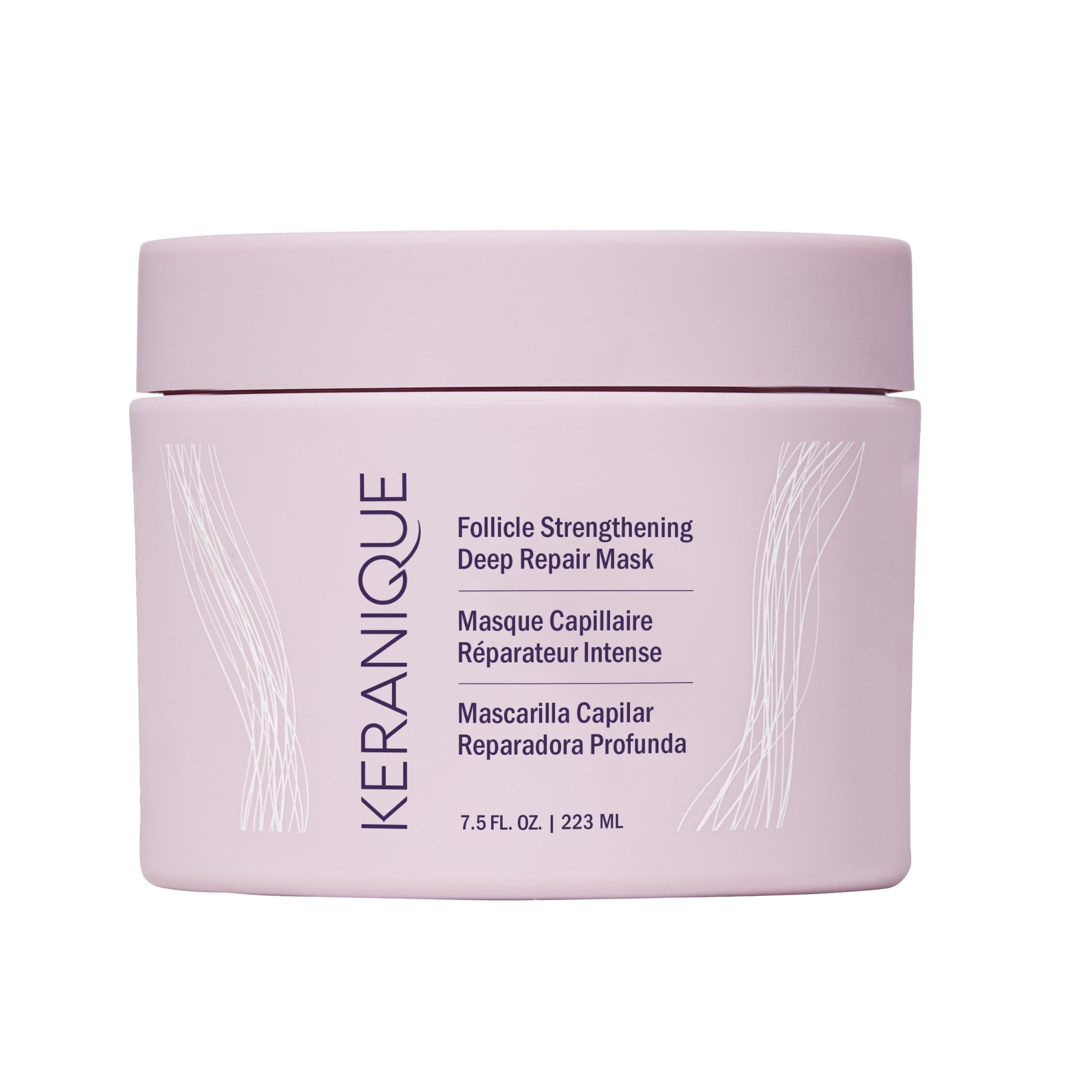 Helllila Dose mit Deckel. Aufschrift: Keranique, Follicle Strengthening Deep Repair Mask. Mehrsprachige Produktbezeichnungen. 7.5 FL. OZ. | 223 mL.