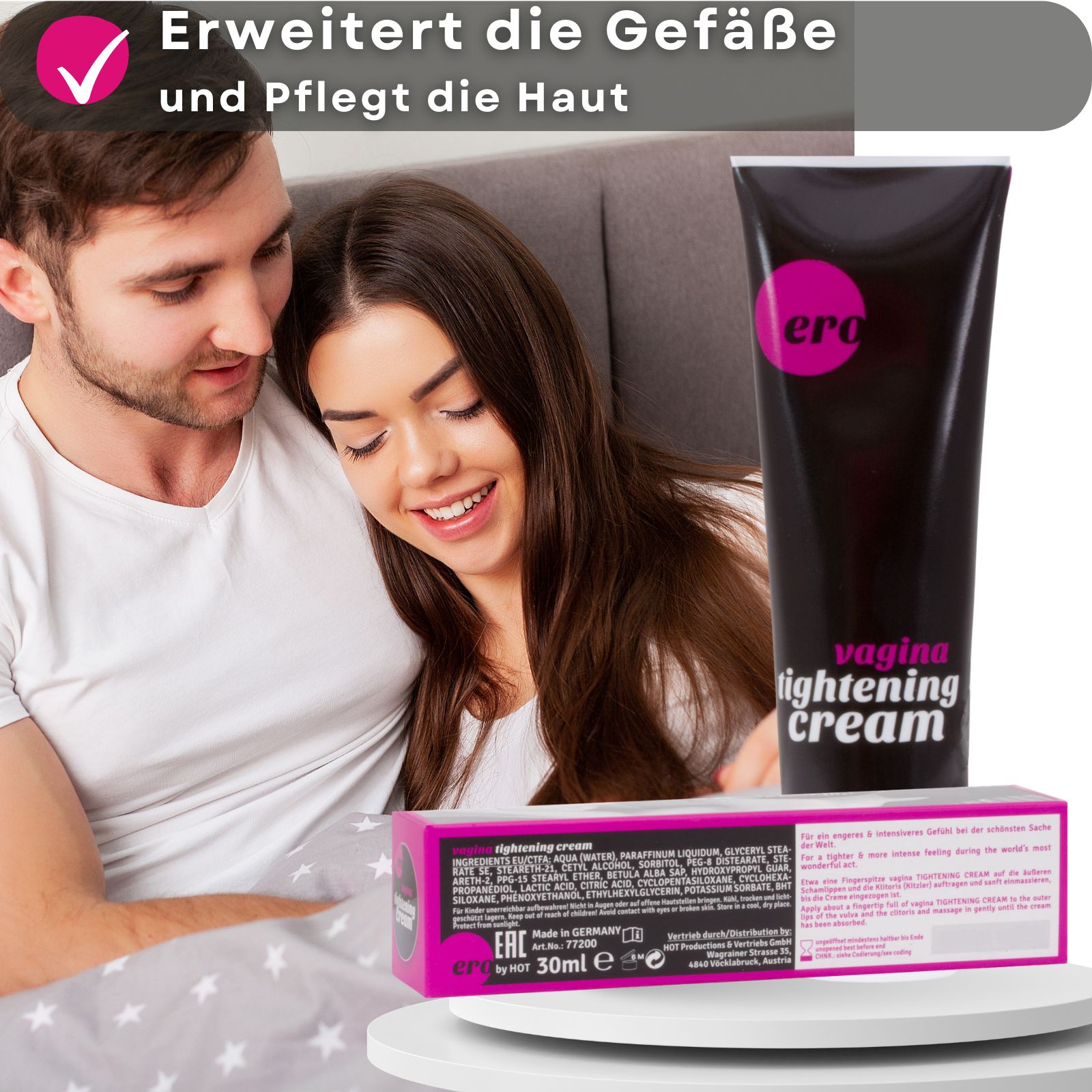 Produkt-Tube und Verpackung. Schwarze Tube mit rosa Logo und Produktnamen. Rosa-weiße Verpackung mit Produktnamen.