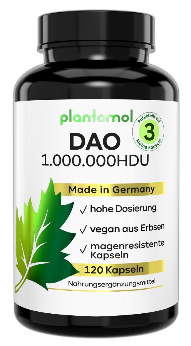 Schwarze Flasche mit weißen Etikett. Aufschrift: plantomol DAO 1.000.000 HDU. Enthält 120 Kapseln. Vegan aus Erbsen.